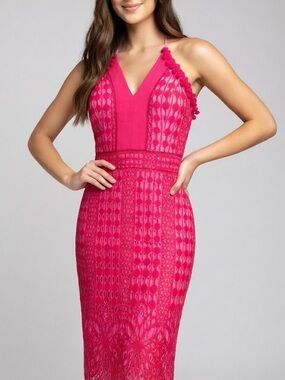 Fuchsia Lace V-Neck Midi Dress - Women